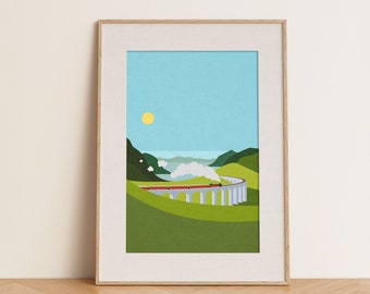 Magic School Express Wall Art halverwege de dag, Wizard School Train landschapskunst, minimalistische treinkunst, Hog wratten Express fanart