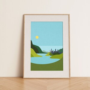 abstract landscape art of hogwarts castle in blue and green