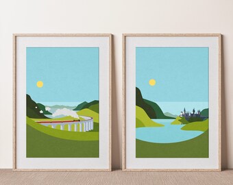 Magic School Castle and Magic School Express Wall Art Set of 2 at Mid Day, Wizard Inspired Illustration, Hog warts School and Train Art