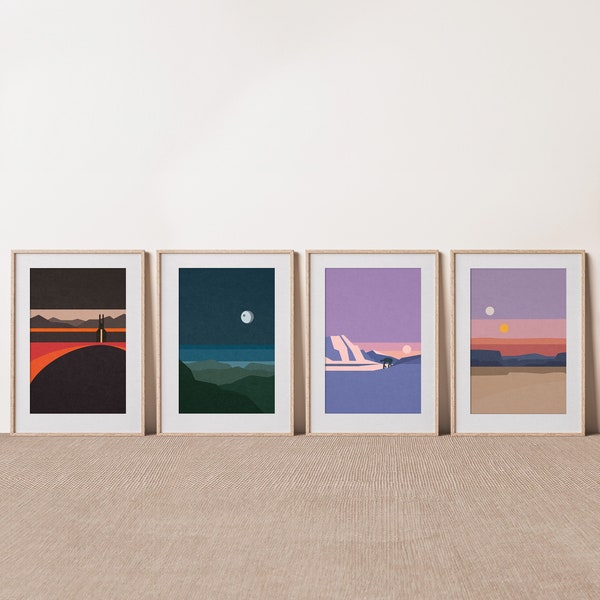 Tatooine Endor Hoth Mustafar Set of 4 Art Prints, Star Wars Travel Posters, Subtle Star Wars Art, Star Wars Inspired Minimalist Wall Art