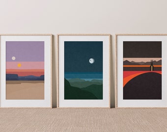 Tatooine Endor Hoth Set of 3 Art Prints, Star Wars Inspired Minimalist Wall Art, Star Wars Mid Century Modern Art, Subtle Star Wars Posters