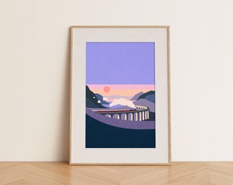Magic School Express Wall Art bij zonsondergang, Wizard School Train landschapskunst, minimalistische treinkunst, Hog wratten Express fanart