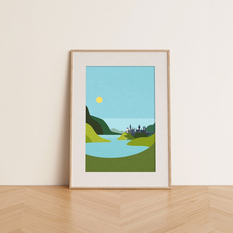 abstract landscape art of hogwarts castle in blue and green