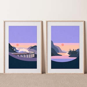 Magic School Castle and Magic School Express Wall Art Set of 2 at Sunset, Wizard Inspired Illustration, Hog warts School and Train Art