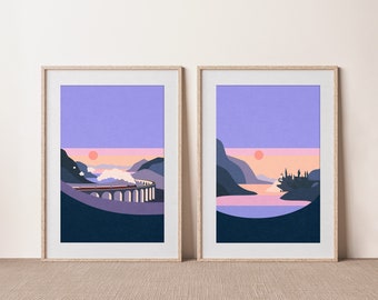 Magic School Castle and Magic School Express Wall Art Set of 2 at Sunset, Wizard Inspired Illustration, Hog warts School and Train Art