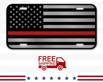 Pro Fire Fighter Thin Red Line American Flag License Plate Matte Black 040 Aluminum Heavy Duty Patriot USA Car Tag USA Fire Man
