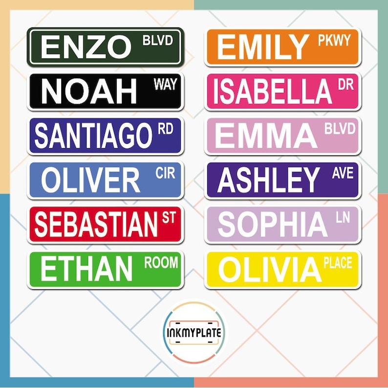 Puede incluir: Diez se&ntilde;ales de calle coloridas con texto blanco. Las se&ntilde;ales presentan nombres populares como Enzo, Emily, Noah, Isabella, Santiago, Emma, Oliver, Ashley, Sebastian, Sophia, Ethan y Olivia. Cada nombre va seguido de una designaci&oacute;n de calle como Blvd, PKWY, Way, Dr, Rd, Ave, Cir, St, Ln, Room y Place.