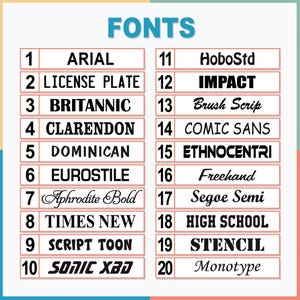 May include: A graphic displaying a variety of fonts, numbered 1 through 20, with their names listed below. The word "FONTS" is at the top in a teal color. The fonts are in black text on a white background.
