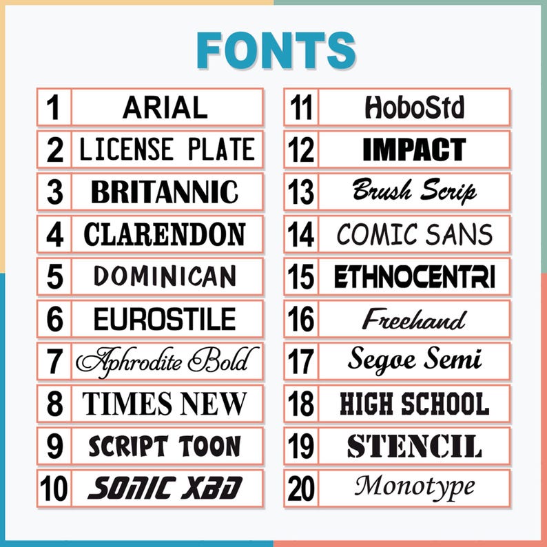 May include: A graphic displaying a variety of fonts, numbered 1 through 20, with their names listed below. The word "FONTS" is at the top in a teal color. The fonts are in black text on a white background.