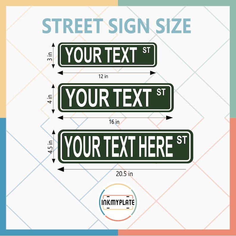 Puede incluir: Tres se&ntilde;ales de calle verdes de diferentes tama&ntilde;os con texto blanco. Las se&ntilde;ales dicen "YOUR TEXT ST", "YOUR TEXT ST" y "YOUR TEXT HERE ST". Las se&ntilde;ales miden 3 pulgadas por 12 pulgadas, 4 pulgadas por 16 pulgadas y 4,5 pulgadas por 20,5 pulgadas.