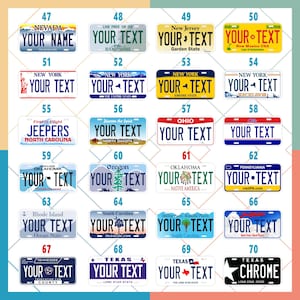 Op de afbeelding: Een verzameling kentekenplaten uit verschillende Amerikaanse staten, elk met een uniek ontwerp en staatsnaam. De platen hebben tekstvelden voor personalisatie, met voorbeelden als "YOUR NAME" en "YOUR TEXT". Kleuren vari&euml;ren, waaronder blauw, geel en rood.