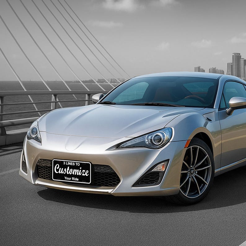 May include: Silver sports car with black rims and a front license plate that reads "3 Lines to Customize Your Ride". The car is parked on a paved road with a bridge and city skyline in the background.