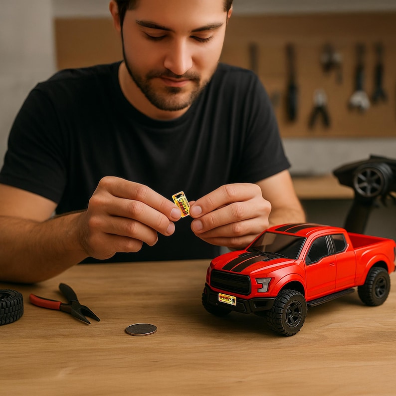 Op de afbeelding: Een rode speelgoed pick-up truck met zwarte racestrepen en zwarte wielen staat op een houten oppervlak. Een persoon houdt een klein goudkleurig rechthoekig object vast. Tangen en een band liggen ook op de tafel.