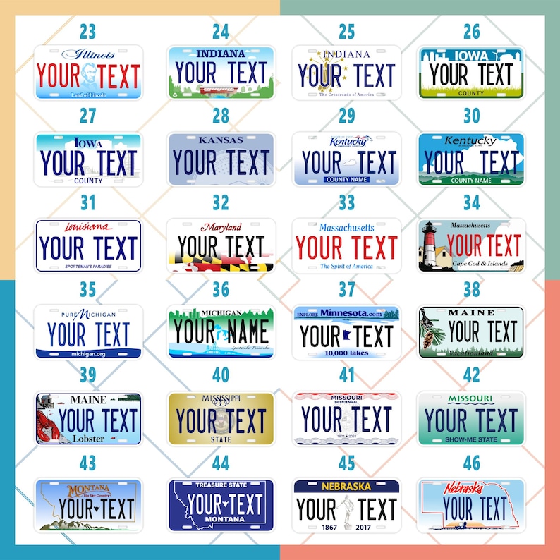Op de afbeelding: Een verzameling kentekenplaten uit verschillende Amerikaanse staten, elk met een uniek ontwerp en de tekst "YOUR TEXT". De platen tonen staatsnamen, emblemen en kleuren.
