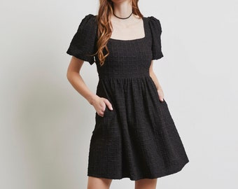 Smocked Mini Dress / Romantic Formal Classic Mini Dress / Textured Mini Dress with Bubble Sleeves