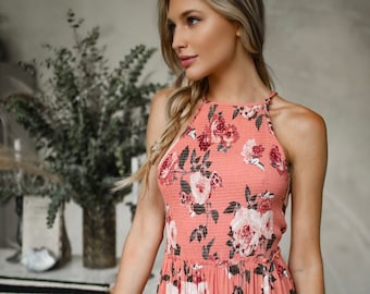 Blush Bloom Smocked Maxi Dress / Boho Romantic Dress / Floral Dress / Cami Dress