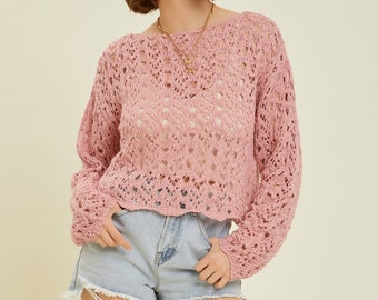 Soft Cotton Crop Sweater / Boho Sweater / Western Crop Sweater / Spring Top / Summer Top / Cover Up / Crochet Lace Crop