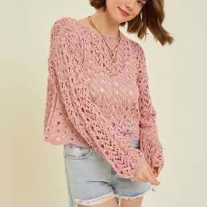 Soft Cotton Crop Sweater / Boho Sweater / Western Crop Sweater / Spring Top / Summer Top / Cover Up / Crochet Lace Crop ATLAS PINK