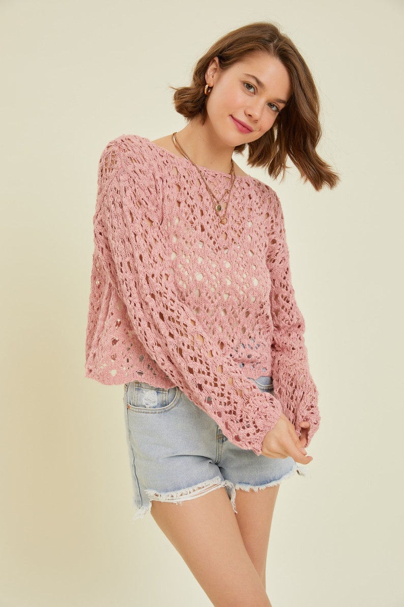 Soft Cotton Crop Sweater / Boho Sweater / Western Crop Sweater / Spring Top / Summer Top / Cover Up / Crochet Lace Crop ATLAS PINK