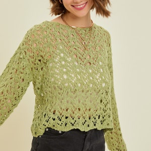 Soft Cotton Crop Sweater / Boho Sweater / Western Crop Sweater / Spring Top / Summer Top / Cover Up / Crochet Lace Crop Green