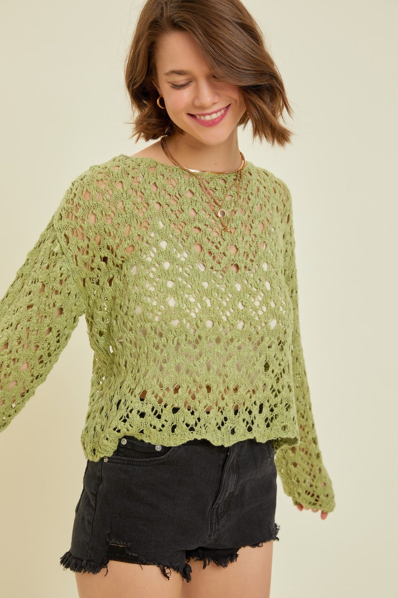 Soft Cotton Crop Sweater / Boho Sweater / Western Crop Sweater / Spring Top / Summer Top / Cover Up / Crochet Lace Crop Green