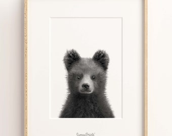 Bear Wall Art, bosdierenkwekerij Dierenprint, bosdierenkwekerij Kunst, babydierenprint, Zwart-wit afdrukbare kunst