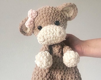Crochet Brown Cow Snuggler: Plush Chenille Lovey with Pink Bow