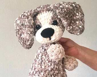 Crochet Brindle Puppy Dog Snuggler: Handmade Chenille Plush Toy