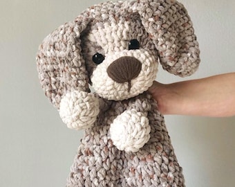 Extra Large Crochet Puppy Snuggler: Brindle Gray Chenille Lovey