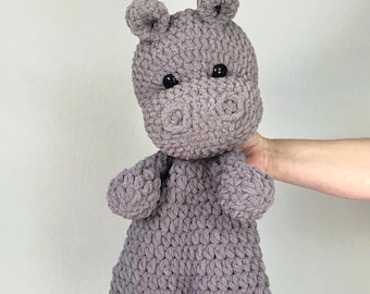 Extra Large Crochet Hippo Snuggler: Purple Gray Chenille Lovey