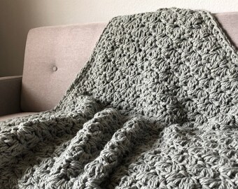 Bulky Knit, Wool Blend, Textured Crochet Throw Blanket | Sage Gray