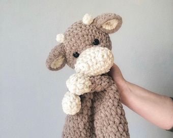 Crochet Brown Cow Snuggler: Plush Chenille Lovey