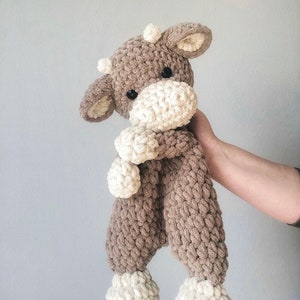 Crochet Brown Cow Snuggler: Plush Chenille Lovey