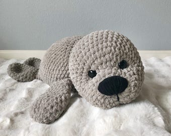 Extra Large Crochet Seal Plush: Gray Chubby Seal Stuffie