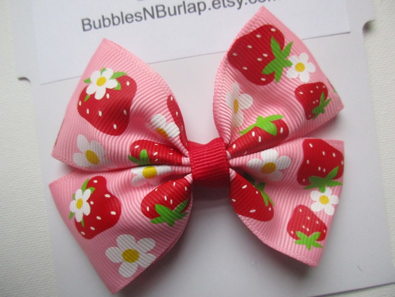 Strawberry Hair Bow Boutique Hair Bow Pink and Green Bow Strawberry Shortcake Hair Bow Fruit Bow Girls Pinwheel Ribbon Hair Bow Large Bow