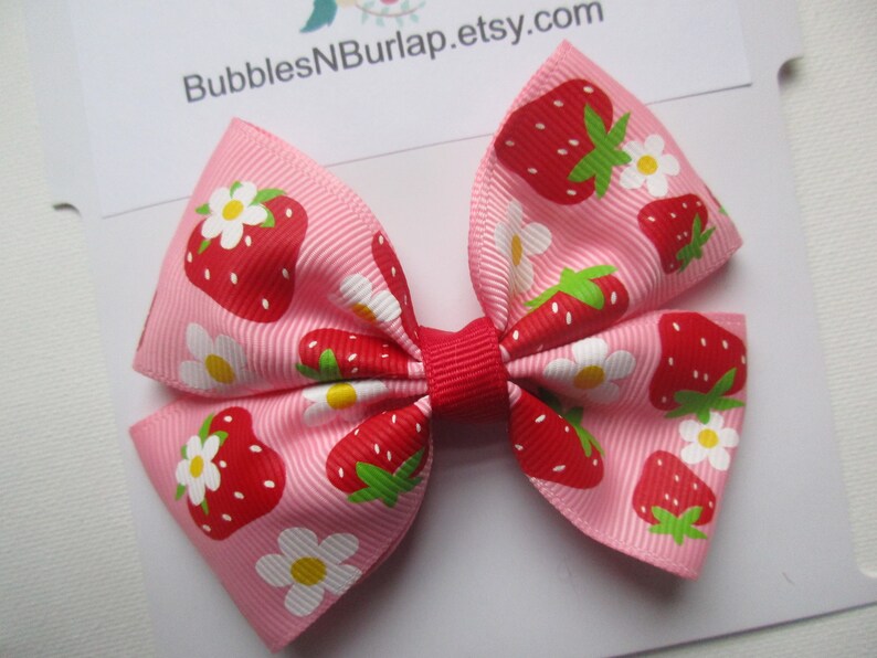 Strawberry Hair Bow Boutique Hair Bow Pink and Green Bow Strawberry Shortcake Hair Bow Fruit Bow Girls Pinwheel Ribbon Hair Bow Large Bow