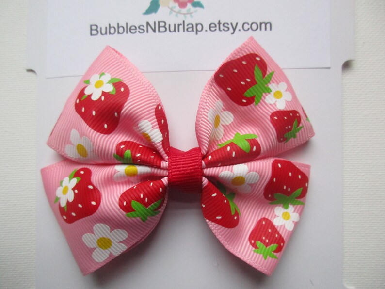 Strawberry Hair Bow Boutique Hair Bow Pink and Green Bow Strawberry Shortcake Hair Bow Fruit Bow Girls Pinwheel Ribbon Hair Bow Large Bow