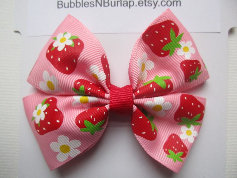 Strawberry Hair Bow Boutique Hair Bow Pink and Green Bow Strawberry Shortcake Hair Bow Fruit Bow Girls Pinwheel Ribbon Hair Bow Large Bow