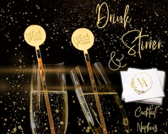 Wedding Cocktail Drink Stirrers with Gold Foiled Napkins, Wedding Swizzle Sticks, Stir Sticks