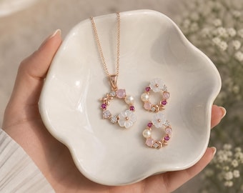 Pearl Flower Necklace and Earrings Gift Set for Her, Mother of the Bride