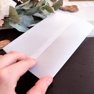 Pu&ograve; includere: Una busta bianca con un leggero luccichio, piegata a met&agrave; e tenuta da una mano. La busta &egrave; su una superficie di legno scuro.