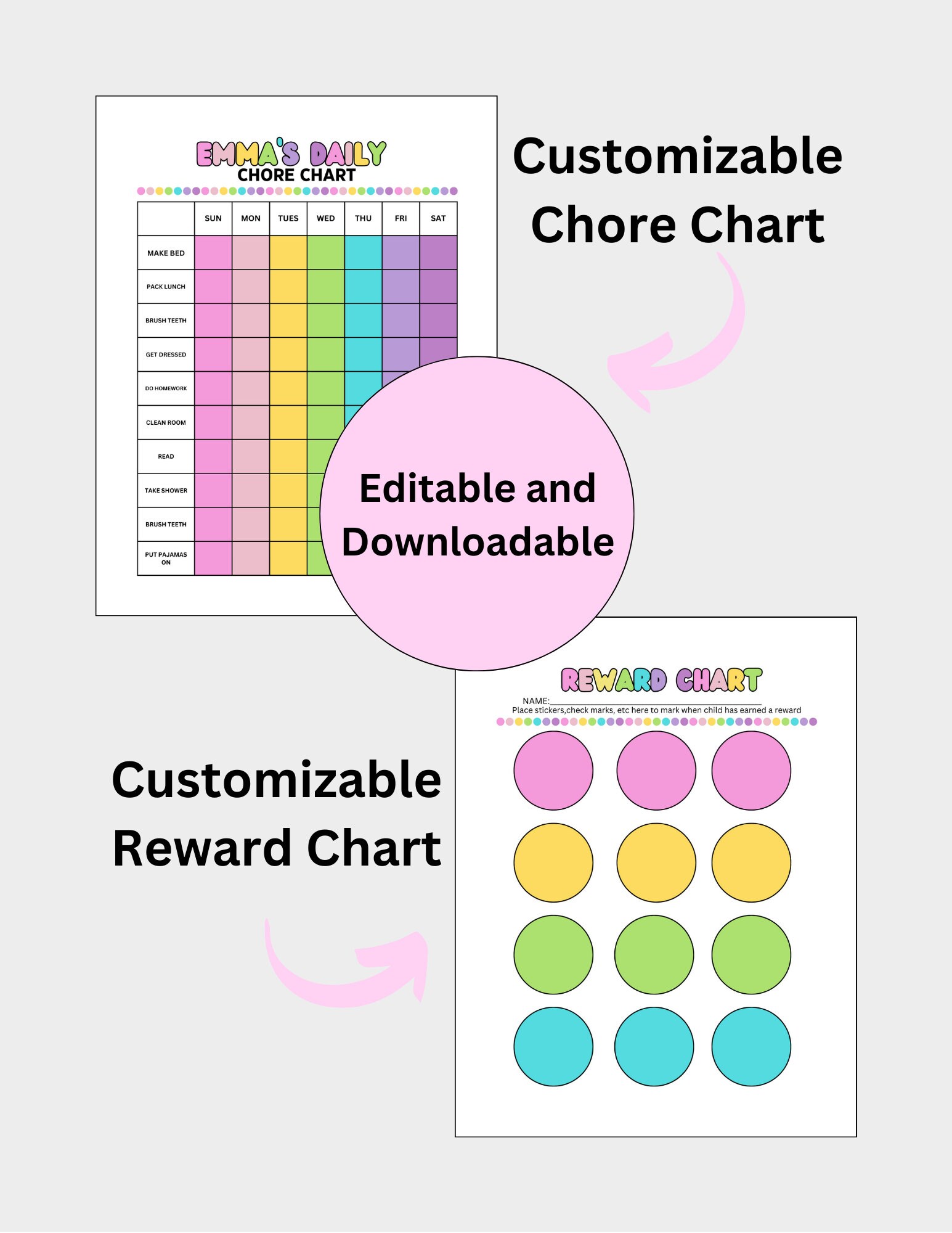 Editable/ Customizable Kids Reward and Chore Chart Printable Kids Daily ...