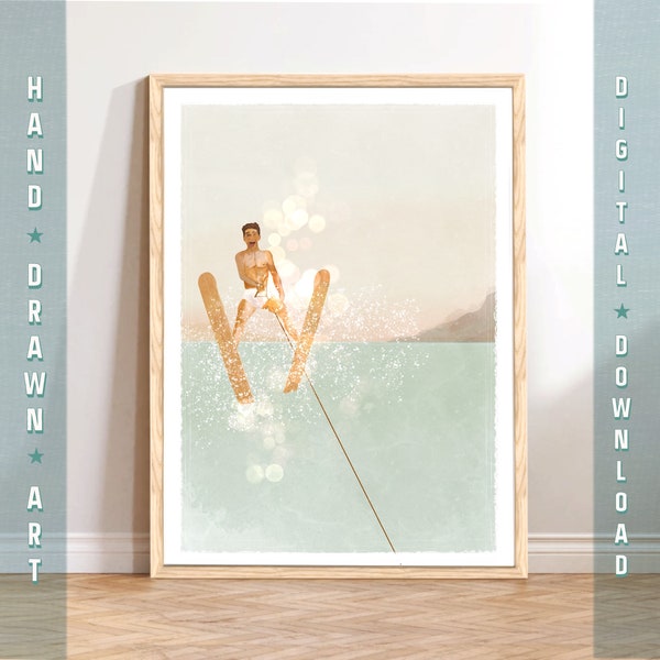 Man Waterskiing Wall Art, Man Jumping Lake Art Print, Retro Coastal Decor, Summer Water Sports Printable Art, Vintage Waterski Poster Gift