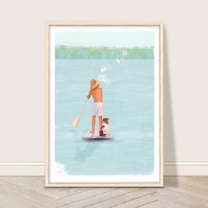Retro Paddle board Wall Art, Boy and Dog Paddle boarding Art Print, Vintage Lake House Decor, Coastal Printable Art, Cocker Spaniel Dog Art