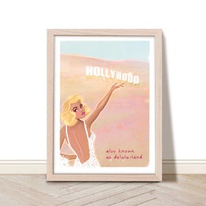 Stampa artistica di Hollywood, poster iconico di Los Angeles, citazione divertente di Delulu, vecchia insegna di Hollywood, illustrazione di moda vintage retrò e glamour