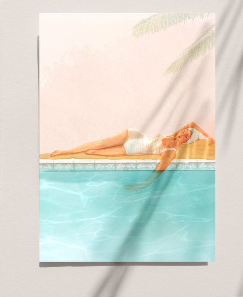 Vintage Swimming Pool Print, Pink Preppy Tropical Home Decor, Retro ...