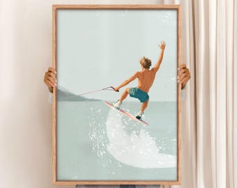 Wakeboarding Art Print: Boy Wakeboarder, Lake House Decor (Digital Download)