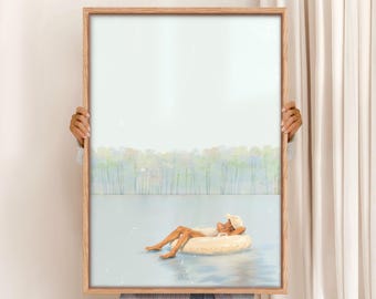 Lake House Art Print: Boy Sunbathing on Tube (Digital Download)