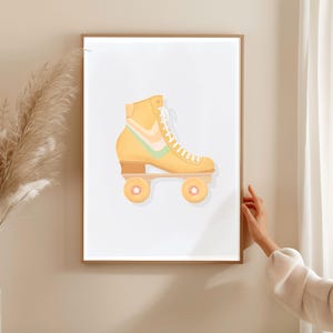 May include: A yellow roller skate with green and white stripes on the boot. The wheels are orange with a pink star in the centre.