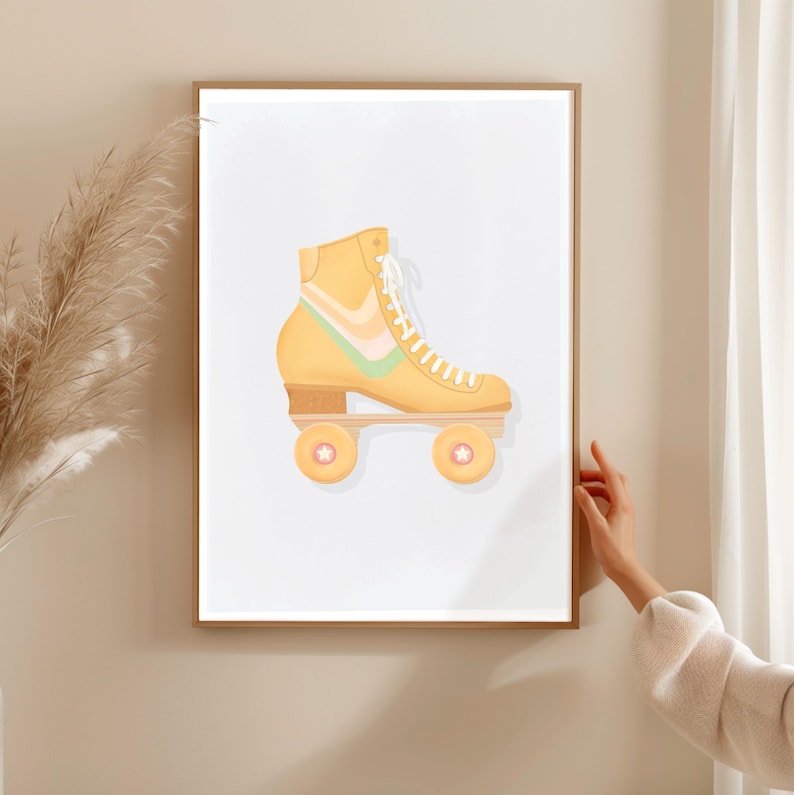 May include: A yellow roller skate with green and white stripes on the boot. The wheels are orange with a pink star in the centre.